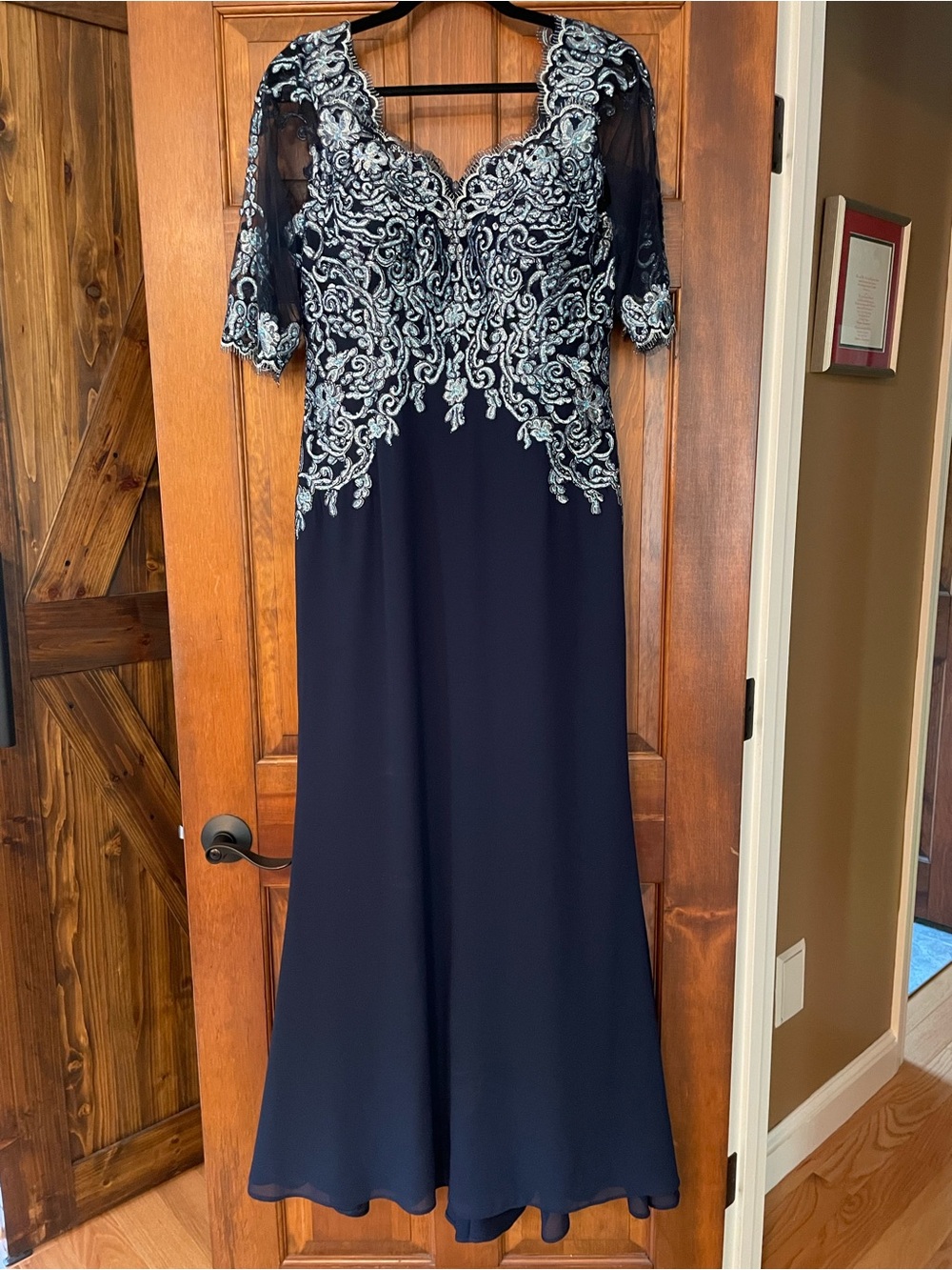 Navy Long-Sleeve Cameron Blake Evening Dress with Silver Embroidered Bodice